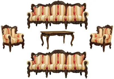 Produktbild von Casa Padrino Luxus Barock Wohnzimmer Set Creme / Gelb / Rot / Dunkelbraun - 2 Barock Sofas & 2 Barock Sessel & 1 Barock Couchtisch - Wohnzimmer Möbel im Barockstil - Edel & Prunkvoll