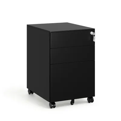Produktbild von Yizosh Rollcontainer mit 3 Schubladen, Schwarz, Aktenschrank, Büroschrank, abschließbarer Bürocontainer, Aktenschrank, 39 x 50 x 60 cm