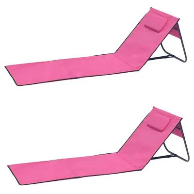 Two pink beach chairs are shown against a white background.