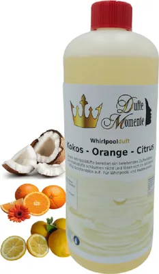Produktbild von Dufte Momente | Whirlpool Duft 1 Liter Kokos - Orange - Citrus | mit naturreinen und natürlichen ätherischen Ölen | kein Schaum | vegan