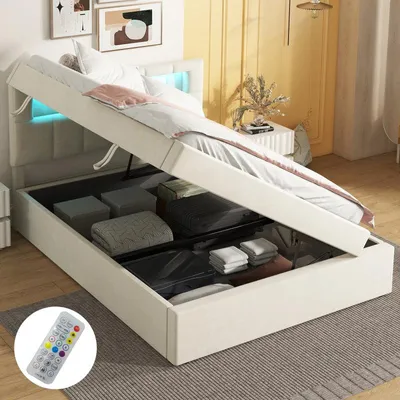 Obrázok produktu pre Rám postele – Jednolôžková posteľ – 90x200 cm – Béžová zamatová – S úložným priestorom a čelom postele