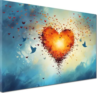 Produktbild von Herz im Himmel mit Vögel Wandbild Leinwandbild Kunstdruck XL Wanddeko abstrakt: 90x60x4cm