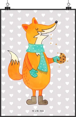 Produktbild von Mr. & Mrs. Panda Bild Fuchs Keks DIN A2 - Grau Pastell - Geschenk, kunstdruck poster, Wandbild, Posterdruck, glücklich, Frieren, Plakat, Weihnachtlich, Liebe, Weihnachten