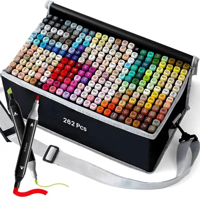 Produktbild von 262 Farben Alkohol Stifte Set, 2S Schnell Trocknende Doppelspitze Alkohol Marker mit Lagerbasis , Meißel & Feine Alkoholmarker für Malerei Manga
