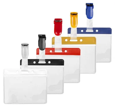 Produktbild von Karteo® Ausweishülle mit Farbbalken gelb und Clip | Kartenhalter horizontal | Halter für Karten Ausweise Dienstausweise Pässe