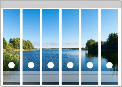 Produktbild von Wallario Ordnerrücken Sticker, selbstklebend für breite Ordner, 6 Stück, Motiv Malerischer See mit Schilf unter blauem Himmel