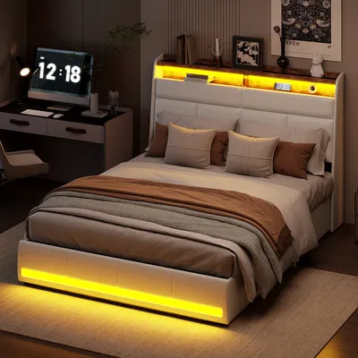 Produktbild von Fortuna Lai Polsterbett 160x200cm, Jugendbett Doppelbett mit Lattenrost und Stauraum, Stauraumbett mit LED, Kunstleder, Weiß