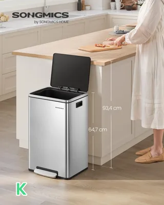 Produktbild von SONGMICS Mülleimer 50 L, 15 Müllsäcke, Edelstahl, herausnehmbarer Inneneimer aus Kunststoff, mit Deckel, Griffe, Softclose, silbern