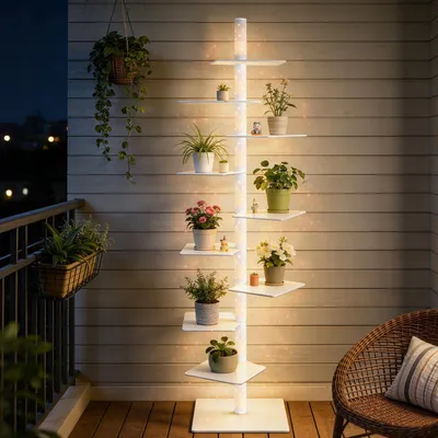 Produktbild von 9 Ebenen Pflanzenständer mit LED-Sternenlicht & Drehbaren Regalen, 180cm Metall Pflanzenregal Blumenständer für Balkon Wohzimmer Garten, Weiß