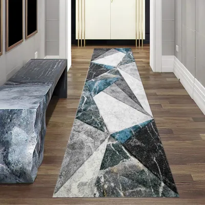 Obrázok produktu pre Moderný koberec s geometrickým vzorom v šedo-modrej farbe, rozmery – 80 x 300 cm