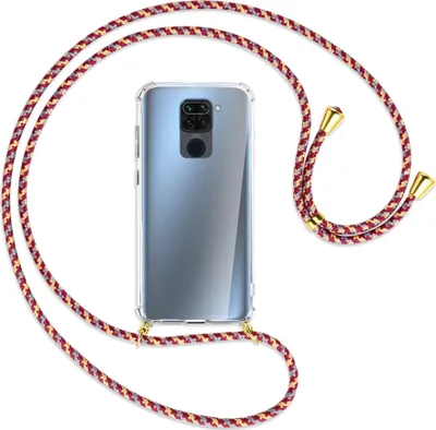 Produktbild von Handykette Backcover-Schutzhülle mit Band (Metall goldfarben) für Xiaomi Redmi Note 9 / 10X 4G - weinrot/gelb/grau