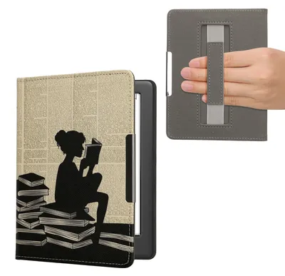 Produktbild von kwmobile Schutzhülle für Kobo Glo HD / Touch 2.0 Hülle - eReader Flip Case mit Handschlaufe und Auto Sleep Funktion - Lesende Frau mit Schwarz Beige