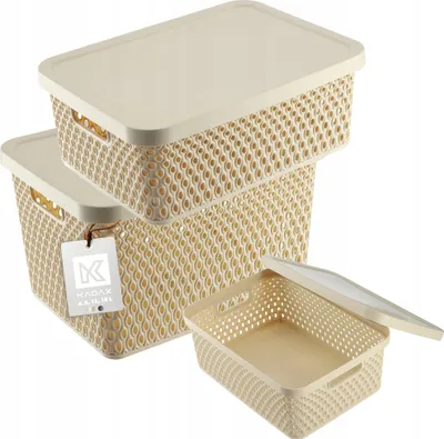 Obrázok produktu pre KADAX úložný košík, košík s vekom, úložný box, plastový úložný box (SET 3: 4,5L,12L,18L, béžová)