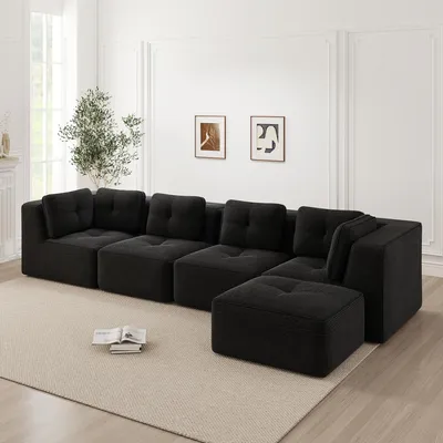 Produktbild von Ecksofa L-Form armlos mit Ottomane, 4-Sitzer Wohnzimmersofa aus Cord, tiefe Sitzfläche, weiche Polster, rutschfest, ohne Montage