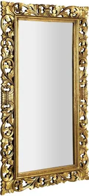 A rectangular mirror with an ornate gold frame.
