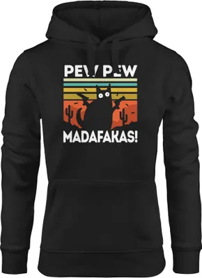 Produktbild von Kapuzen-Pullover Damen Pew Pew Madafakas! schwarze Katze Spruch Meme lustig Hoodie Moonworks® schwarz L