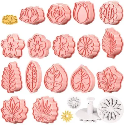 Produktbild von Set aus 19 Blumen-Keksformen, 3D-Keksformen in Pflanzenform, Keksstempel, Keksformen für das Backen, DIY Fondant, Schokoladen-Torte-Verzierung, für Feiern, Kinderfeiern, Geburtstagsdekoration und Weihnachten.
