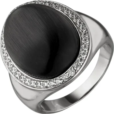 Produktbild von Ring Damenring mit Mondstein-Imitation schwarz mit Wölbung 38 Zirkonia 925 Silber Innenumfang 52mm  Ø16.6mm