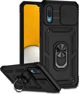 Image de Étui pour Samsung Galaxy A02 étui double couche avec couvercle coulissant pour l'appareil photo et anneau de support noir