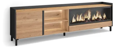 Image de Meuble tv effet bois de chêne et noir 212x35x61cm cheminée effet feu