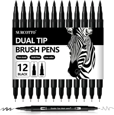 Produktbild von Dual Brush Pen Set, 12 schwarze Filzstifte, feine und flexible Spitze, für Bullet Journal