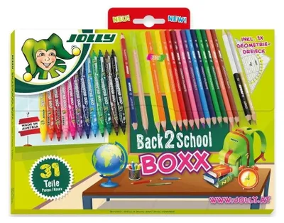 Produktbild von Jolly Back 2 School Set – Buntstifte + Filzstifte 31 Teile (12 doppelseitige Marker, 12 Buntstifte 3,8 mm, Neon, Geodreieck) – ab 3 Jahren, CE & EN-71 , Österreich