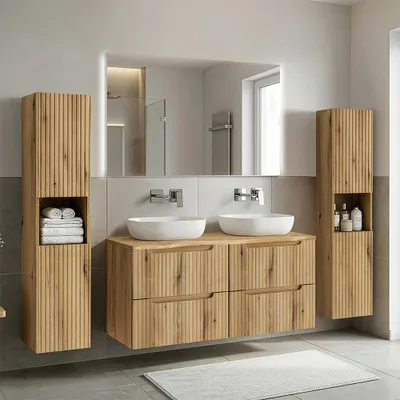 Produktbild von Badmöbel-Set 4-teilig mit LED-Spiegel & 120 cm Doppelwaschtisch in Eiche, gerillte Front, Baumkantenoptik - NEWPORT-56-EVOKE
