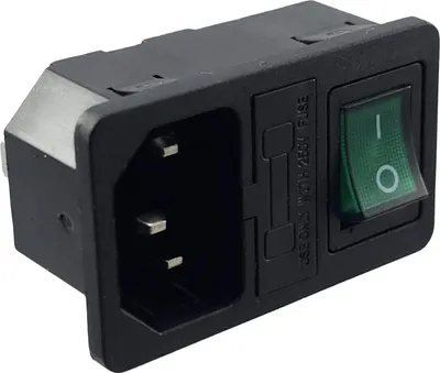 A close-up studio shot of a power entry module with a switch and fuse holder.