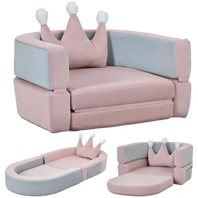 Produktbild von Kindersofa – Kinderliegesessel – umwandelbar in Bett und Spielbereich – mit kronenförmigem Kissen – 116 x 61 x 14 cm – puderblau
