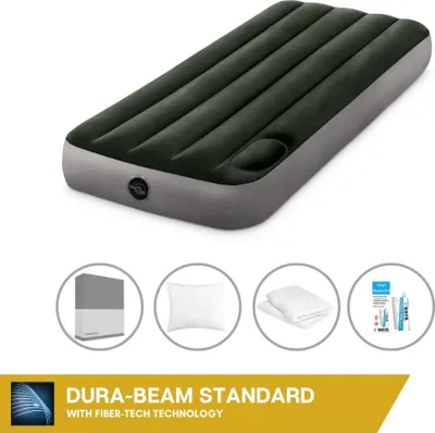 Productafbeelding van Intex luchtbed - 1 persoon - 76 x 191 x 25 cm - Groen - Met ingebouwde voetpomp + spreihoes antraciet + hoofdkussen + molton 2-in-1 kussenslopen + reparatieset