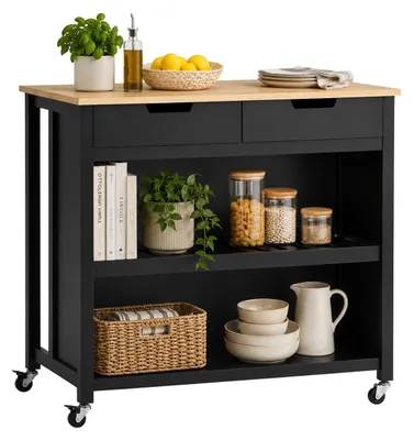 Produktbild von Relaxdays Küchenwagen, Arbeitsplatte, 2 Schublade, 2 Fächer, Sitzgelegenheit, 94x100x60 cm, Tischwagen, schwarz/natur
