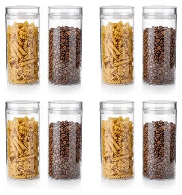 Zdjęcie produktu dla Zestaw 8 szklanych pojemników Arendo, każdy o pojemności 1400 ml, okrągły kształt, szczelne, wykonane z borokrzemianowego szkła. Szklane pojemniki są bezpieczne do mycia w zmywarce i do używania w mikrofalówce. Przezroczyste