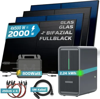 Produktbild von SUNNIVA® 2000W Balkonkraftwerk mit 2,24 kWh Speicher MARSTEK B2500-D, 4x 500W BIFAZIAL FULLBLACK komplett Steckdose, PV Solaranlage + Solarspeicher