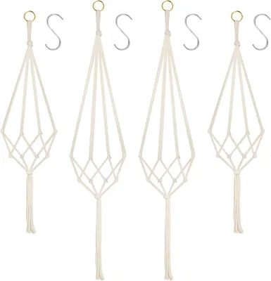 Productafbeelding van Set van 4 macramé bloemenhangers, katoenen touw, hangpot voor planten met 4-delige metalen haken voor binnen, tuin, woonkamer, buiten, balkon, raam