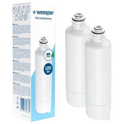 A product shot of two refrigerator water filters next to their packaging.