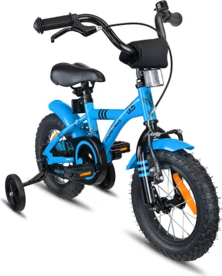 Immagine prodotto di Bicicletta per bambini PROMETHEUS da 12 pollici per maschietti e femminucce, blu e nera, con rotelle | Freni laterali in alluminio e freno a contropedale | Pacchetto sicurezza incluso | A partire dai 3 anni | Edizione BMX 12" 2018
