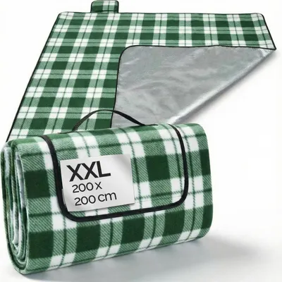 Produktbild von DETEX Picknickdecke Campingdecke XXL 200x200 cm Wasserdicht Wärmeisoliert Waschbar Fleece Faltbar für 4-6 Personen Garten Stranddecke Karo/Grün