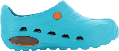 A single turquoise shoe with orange accents is shown against a white background.