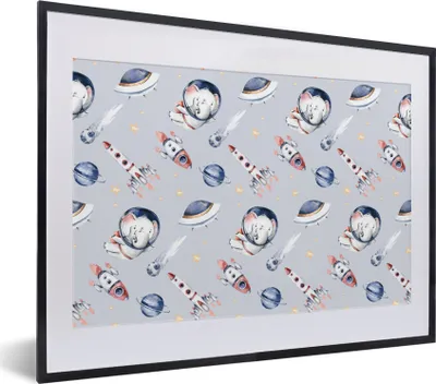 Produktbild von MuchoWow® Gerahmtes Poster Muster - Elefant - Rakete - Jungen - Mädchen - Kinder - Mädchen 40x30 cm - Poster mit Schwarzem Bilderrahmen Wandposter Rahmen Foto Bilder - Bilderrahmen - Poster im Rahmen