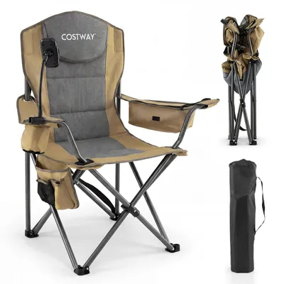 Obrázok produktu pre COSTWAY, skladacia turistická stolička XXL, nosnosť 200 kg, sklopná stolička, rybársky stôl, čalúnená, s chladiacou taškou, držiakom na telefón, bočnou vreckom a držiakom na nápoje, zelená farba