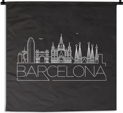 Produktbild von MuchoWow® Wandteppich Wandbehang Skyline "Barcelona" weiß auf schwarz 150x150 cm Tapisserie Dekoration Wandtuch - Wohnaccessoires - Modernes