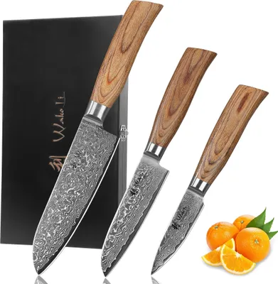 Produktbild von Wakoli Edib Pro 3er Damastmesser-Set I Holzbox I 8-16cm Klinge I Pakkaholzgriffe