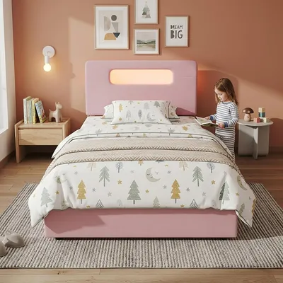 Immagine prodotto di Letto imbottito per bambini, dimensioni 90 x 200 cm, con 4 cassetti laterali, testiera con spazio contenitivo aperto e ripiani, illuminazione LED controllabile tramite app, capacità di carico fino a 220 kg, colore rosa