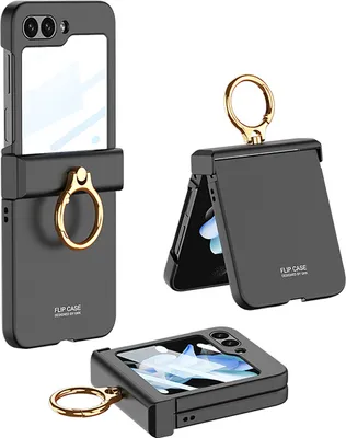 Produktbild von Hülle für Samsung Galaxy Z Flip 5 Hart PC Schutzhülle Eingebauter Displayschutz mit Scharnierschutz und Ringständer Schwarz