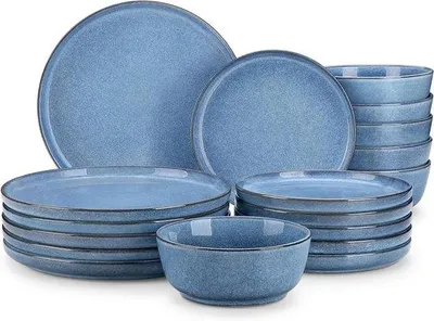 Productafbeelding van Serviesset Aardewerk - Bordenset Kommen - Tafel Dekken - Reactief Glazuur - 6 Personen 18-Delig - Blauw