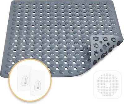 Immagine prodotto di Tappetino da doccia antiscivolo, 53 x 53 cm, 100% privo di BPA, con 2 ganci, foro di scarico in silicone, lavabile in lavatrice, resistente alla muffa, delicato sulla pelle (grigio scuro)