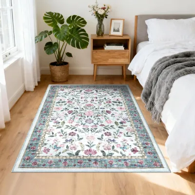 Productafbeelding van Deurmat, 80 x 150 cm, wasbaar, antislip, lichtblauw, met bloemenprint