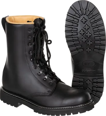 A pair of black leather combat boots shown from the front and side, with the sole of one boot prominently displayed.