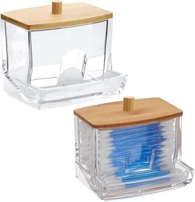 Imagen del producto de Soporte de hisopos de algodón de acrílico con tapa de bambú, transparente, 1 unidad, para baño