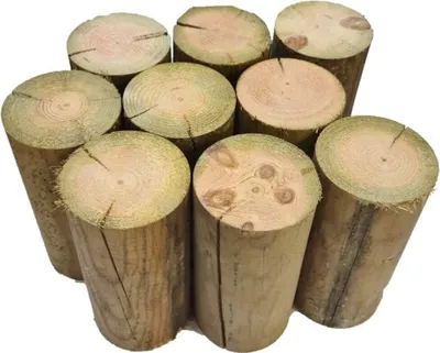 A group of wooden logs arranged in a cluster against a white background.